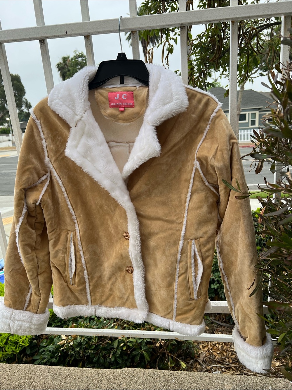 Tan Suede Shearling Jacket with White Trim